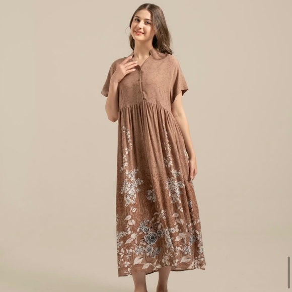 Bronze Color Button Front Dress, Mandarin Collar Dress - Picture 1 of 8